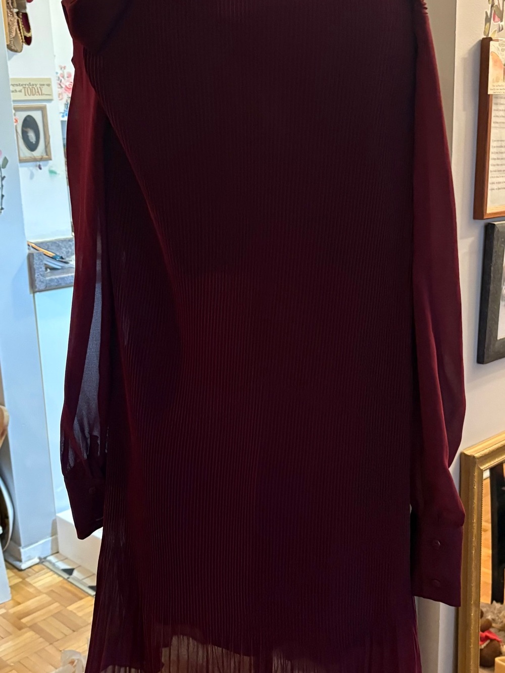 Women's Pleated Long-Sleeve Dress with Neck Tie - Burgundy - Picture 5 of 5